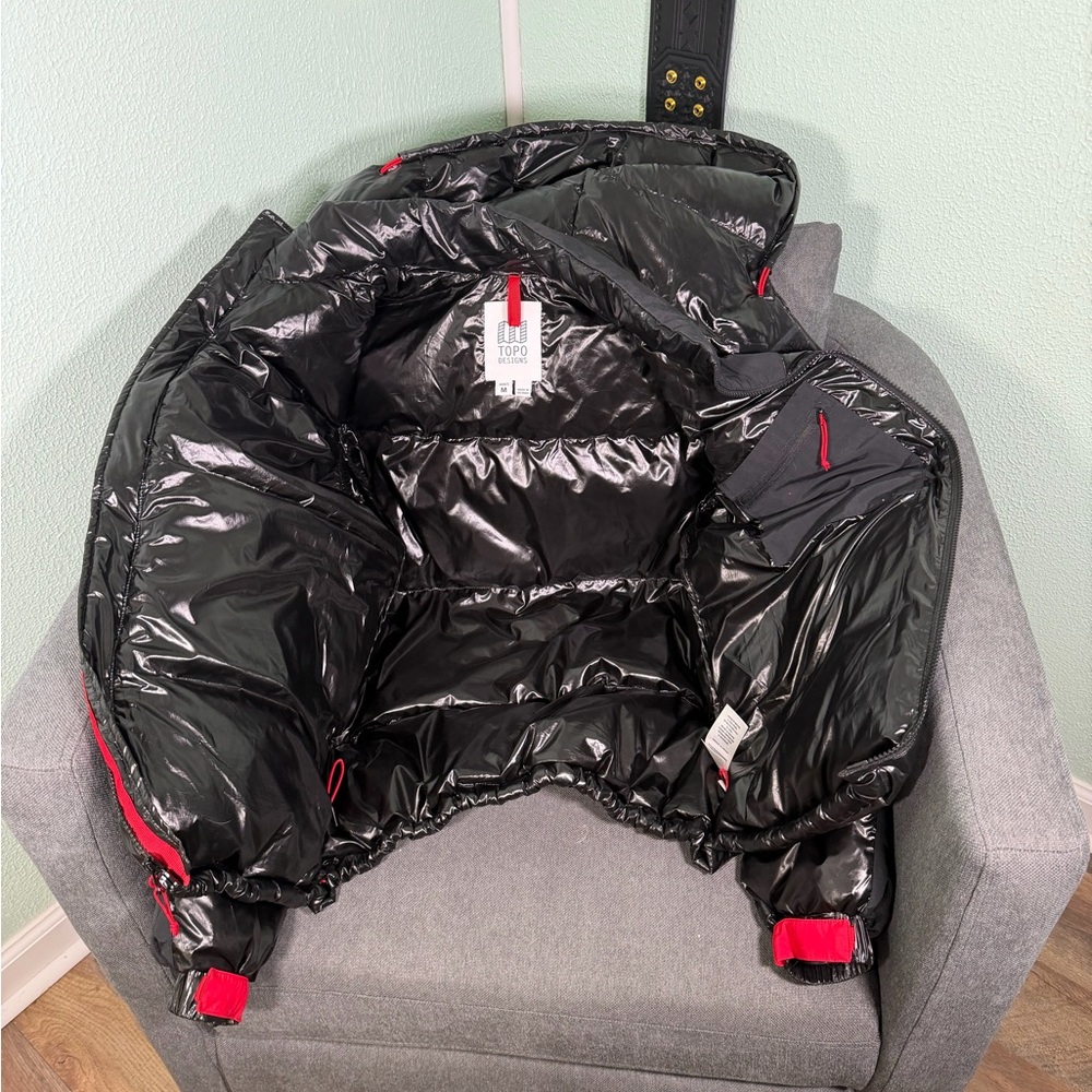 Topo Designs Glossy Black Puffer Jacket with Red Details - Picture 2 of 3